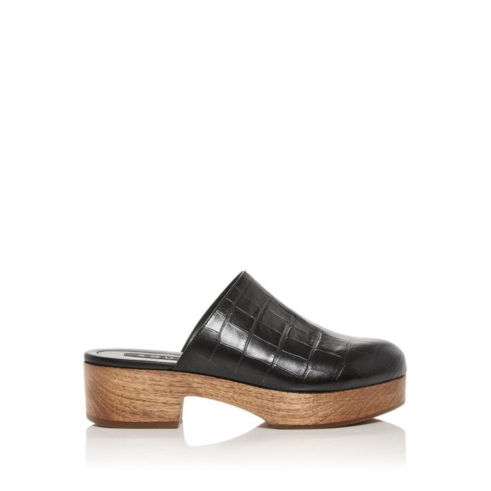 AQUA Womens Black Crocodile Round Toe Block Heel Slip On Leather Clogs Shoes 6 B